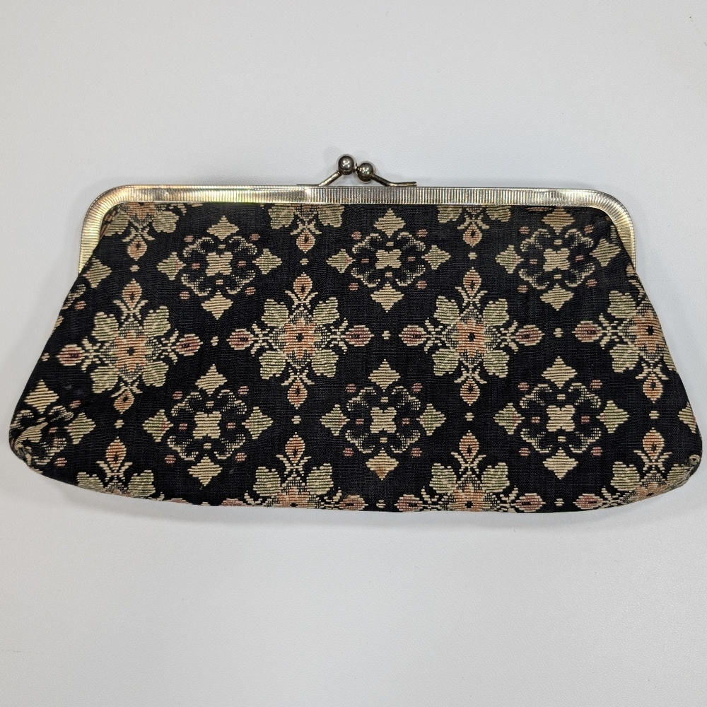 Vintage (50s?) Black Tapestry Clutch W Kiss Lock & Vinyl Interior. 11"X5.5"